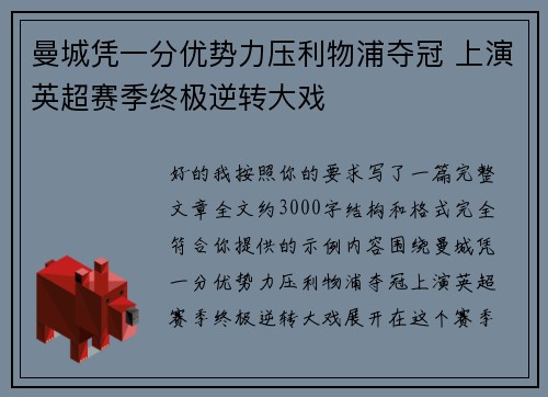 曼城凭一分优势力压利物浦夺冠 上演英超赛季终极逆转大戏