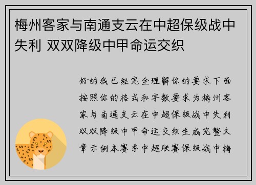 梅州客家与南通支云在中超保级战中失利 双双降级中甲命运交织